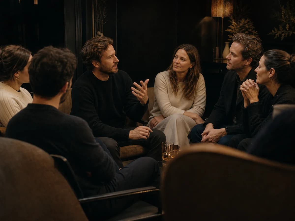 Imagem conceitual gerada por IA: conversa de Hot Seat com seis pessoas sentadas em círculo.